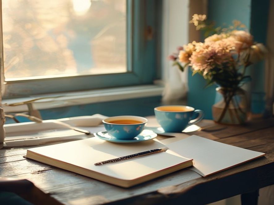 Minimalistisk arbeidsflate med notatbok og blant ved vinduet på morgenen